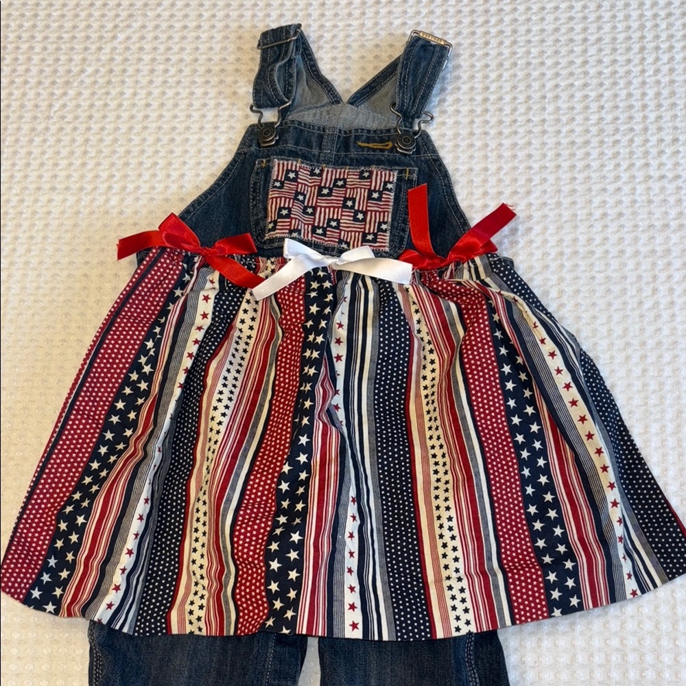 BABY GAP Red White Blue Denim Overalls Patriotic Stars Stripes Bib Skirt Ruffles - Picture 8 of 16